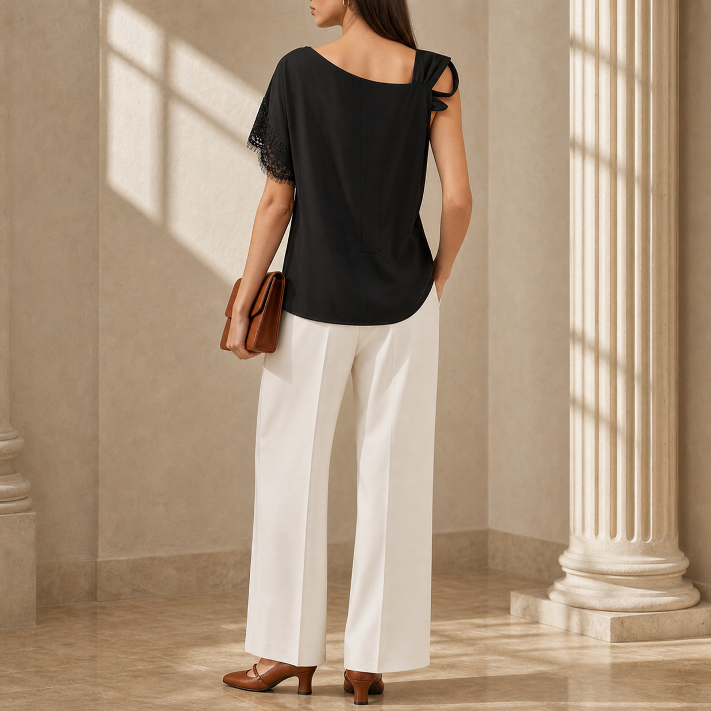 Lord & Taylor Heritage One-Shoulder Top, Black with Lace — back view
