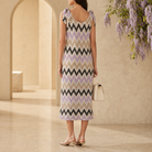 Lilac chevron knit midi dress tie-shoulder strap detail, back view