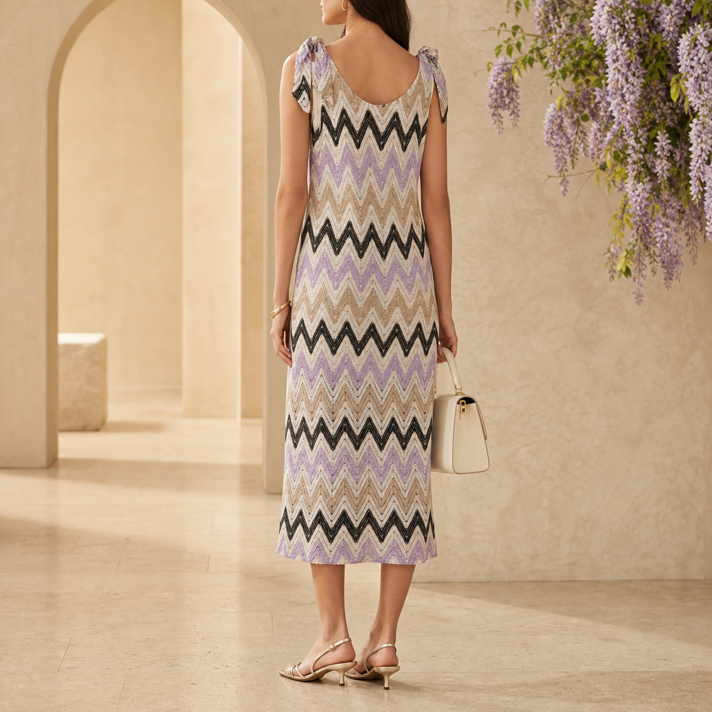 Lilac chevron knit midi dress tie-shoulder strap detail, back view
