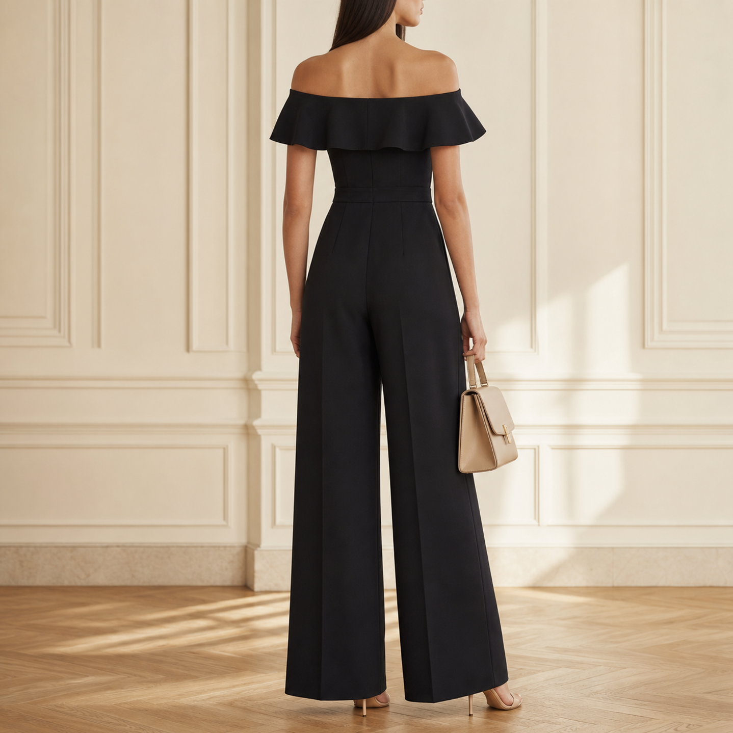 Black off-shoulder jumpsuit back view showing fitted bodice construction