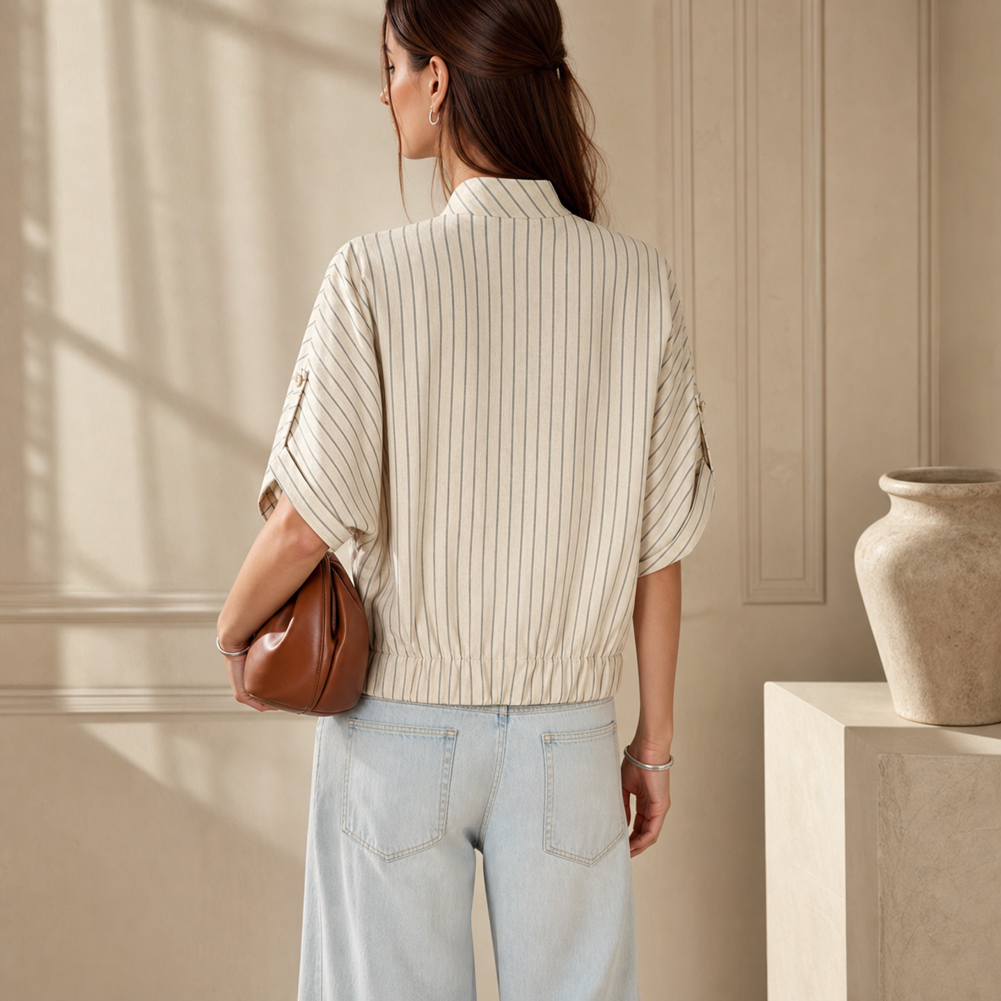 Beige pinstripe linen-blend bomber jacket, back view with ribbed hem by Lord & Taylor Heritage