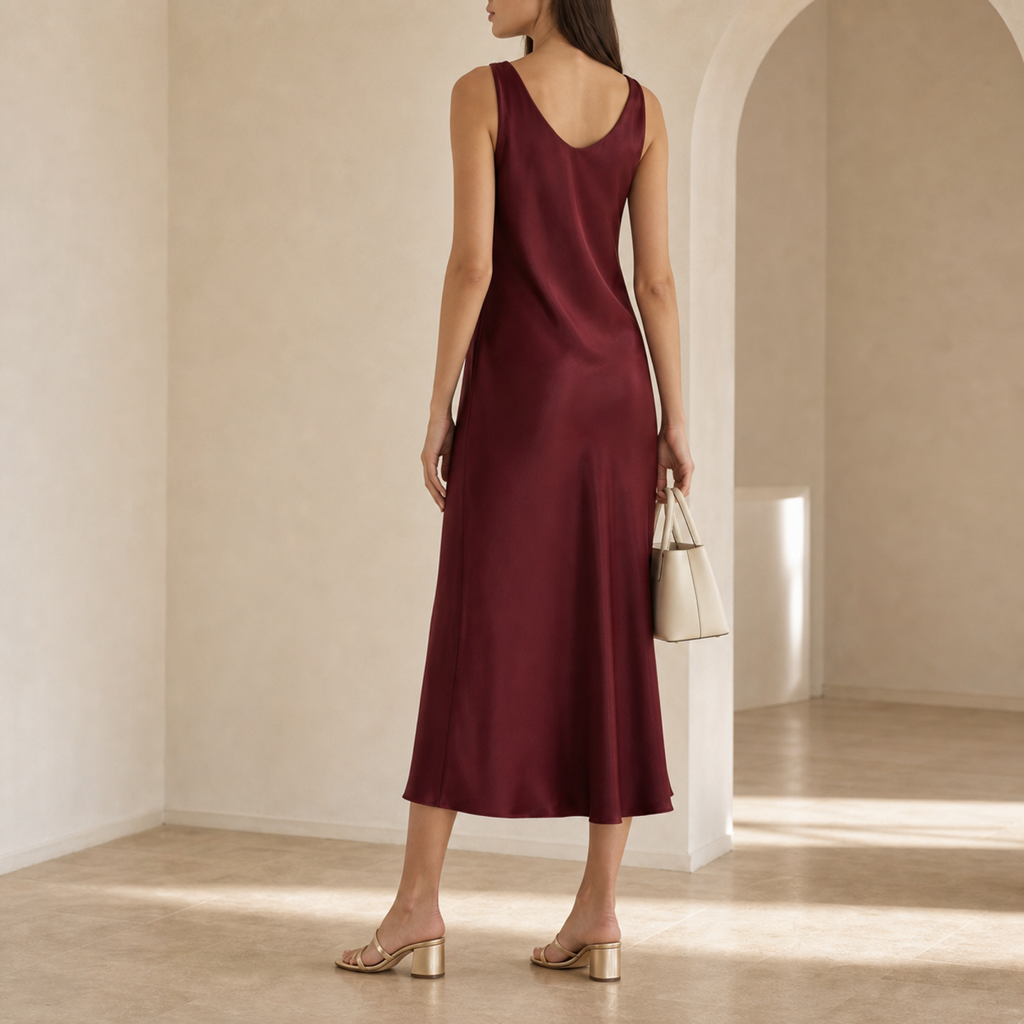 Lord & Taylor Heritage Satin Slip Dress, Burgundy Cowl-Neck — back view