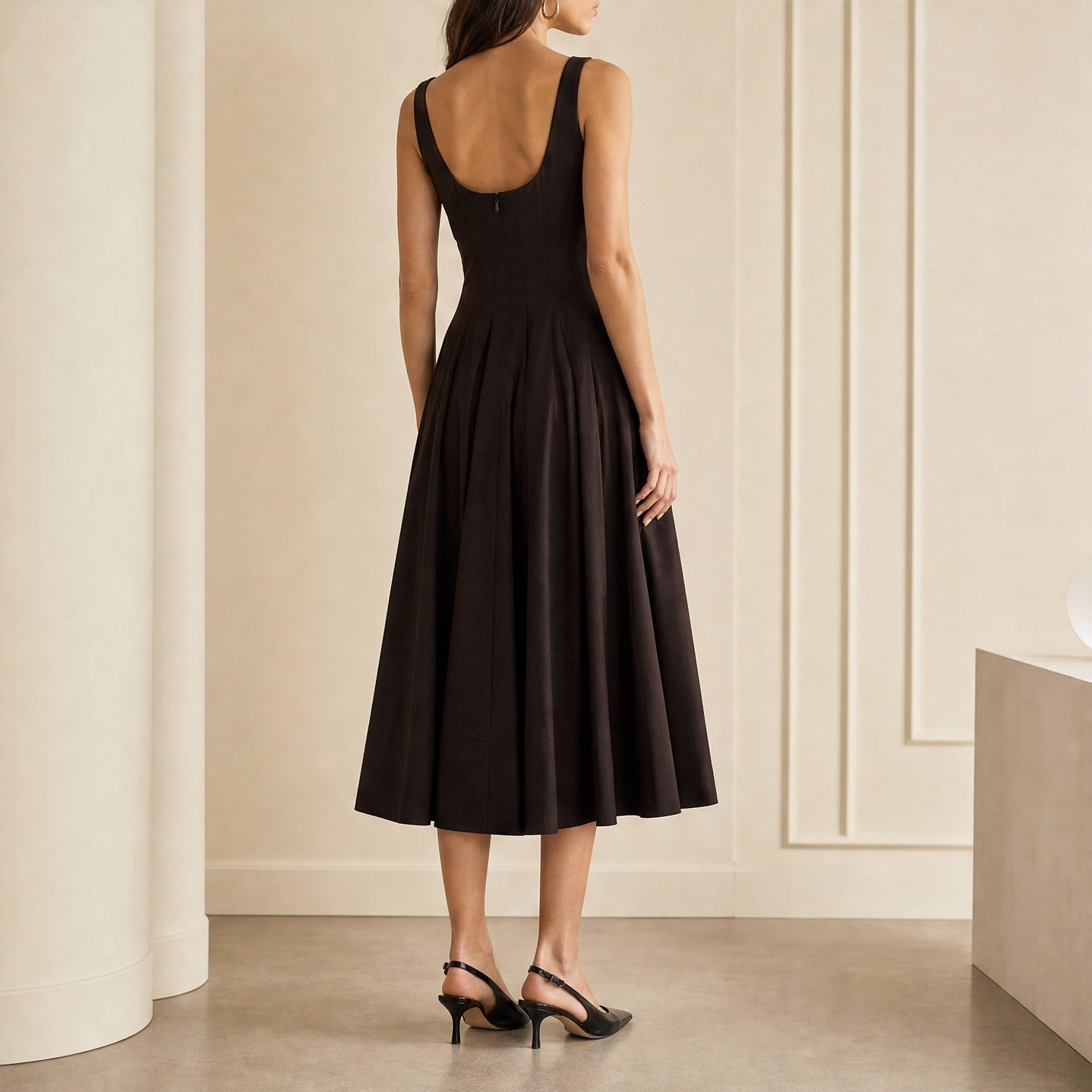 Brown STAUD Wells midi dress, close-up back detail