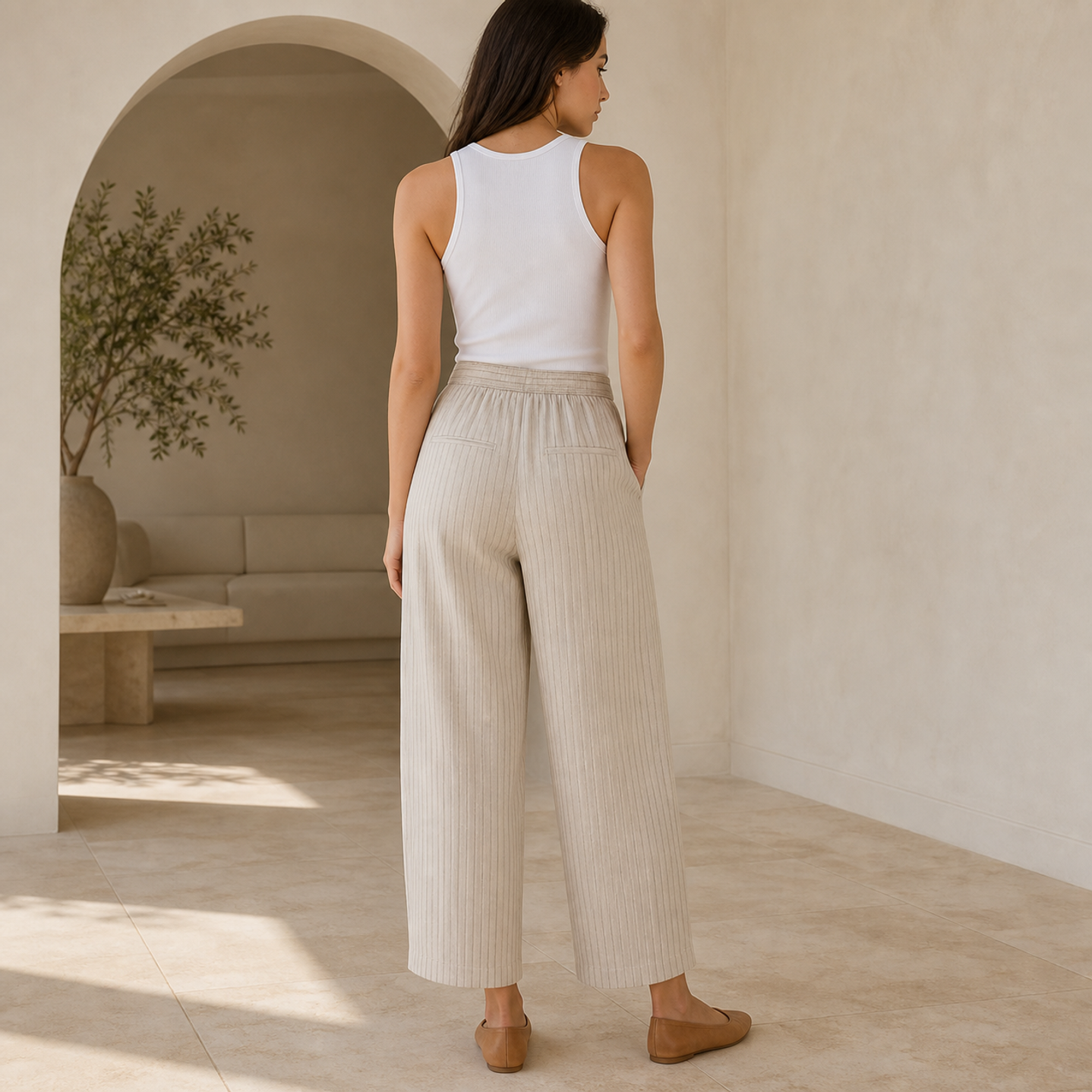 Beige pinstripe wide-leg trousers with tie waist, back view by Lord & Taylor Heritage