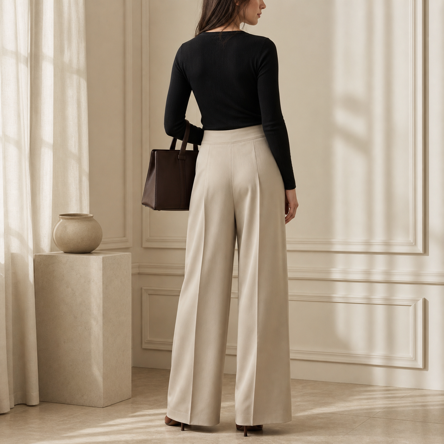 Champagne satin wide-leg trousers back view showing pressed center crease by Lord & Taylor Heritage