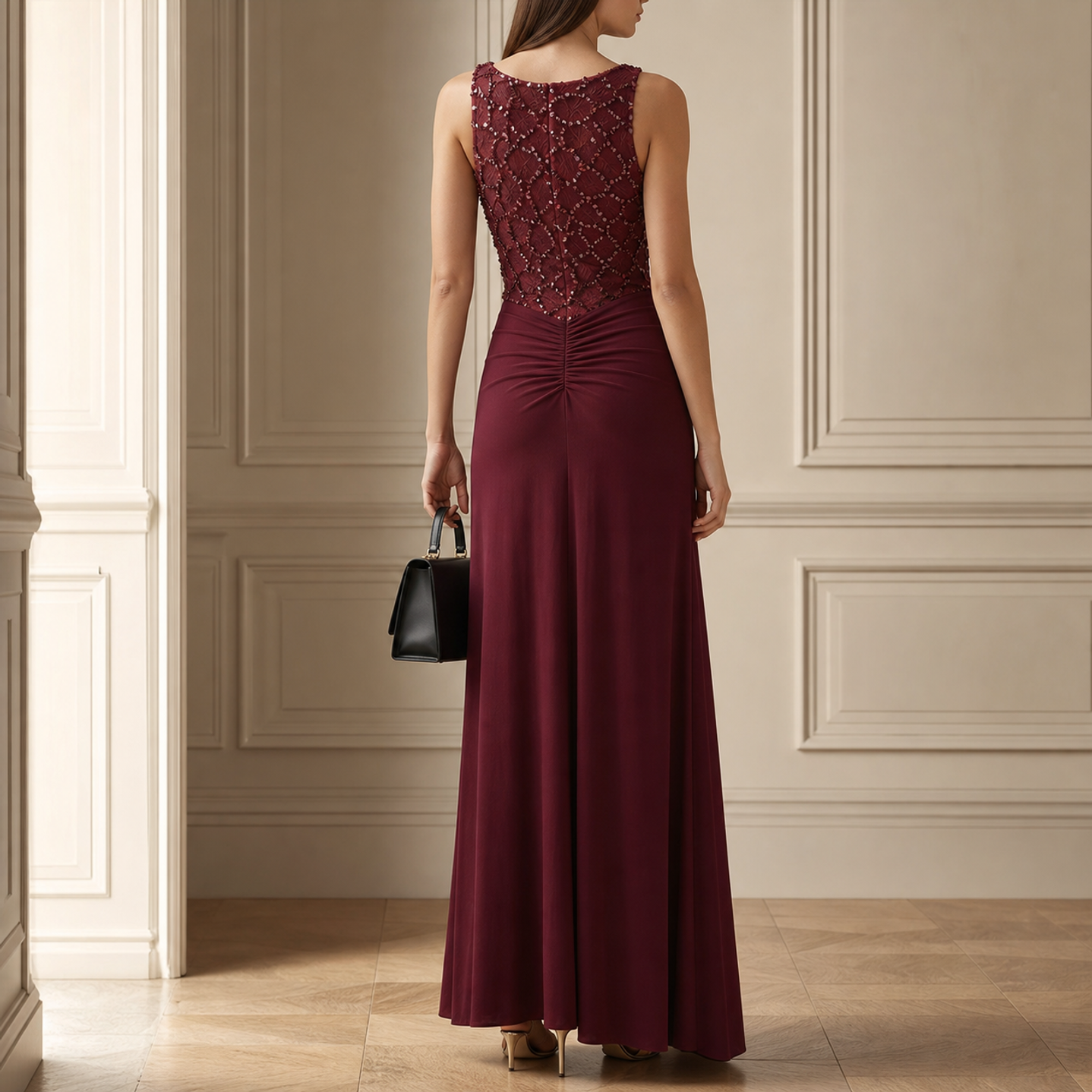 Burgundy beaded evening gown back view showing ruched hip detail by Lord & Taylor Heritage