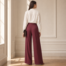 Burgundy satin wide-leg trousers back view detail by Lord & Taylor Heritage