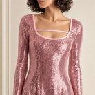 Rose gold pink sequined dress with square neckline by Versace Jeans Couture, front detail