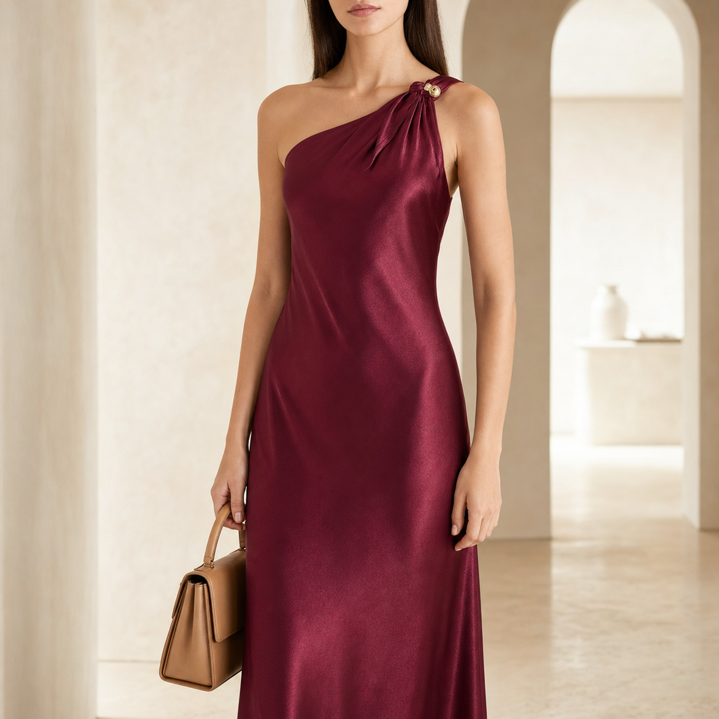 Burgundy satin dress knotted shoulder detail with gold-tone embellishment, close-up