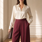 Burgundy satin trousers high waistband and front construction detail by Lord & Taylor Heritage