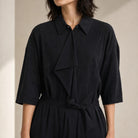 Black Lemaire dress shirt collar and wrap bodice detail, close-up front