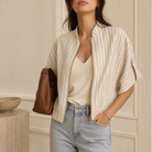 Beige pinstripe linen-blend bomber jacket, close-up of kimono sleeve detail by Lord & Taylor Heritage