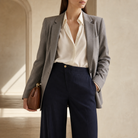Navy high-waisted wide-leg trousers on model, full-length view by Lord & Taylor Heritage