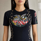 Marine Serre recycled jersey dress, front detail with MS logo panel