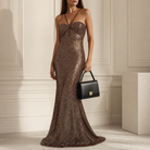 Bronze sequin gown bodice detail showing sweetheart neckline and asymmetric strap by Lord & Taylor Heritage