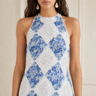 Twin-Set floral maxi dress halter neckline detail, front close-up