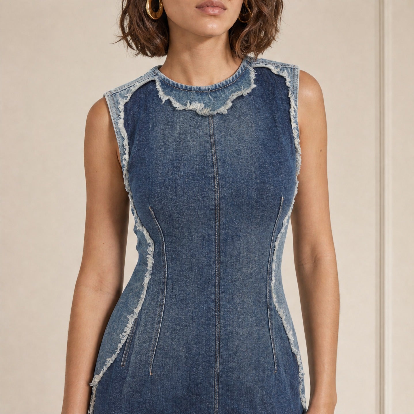 Blue cotton denim dress crew neckline detail by Acne Studios, front close-up