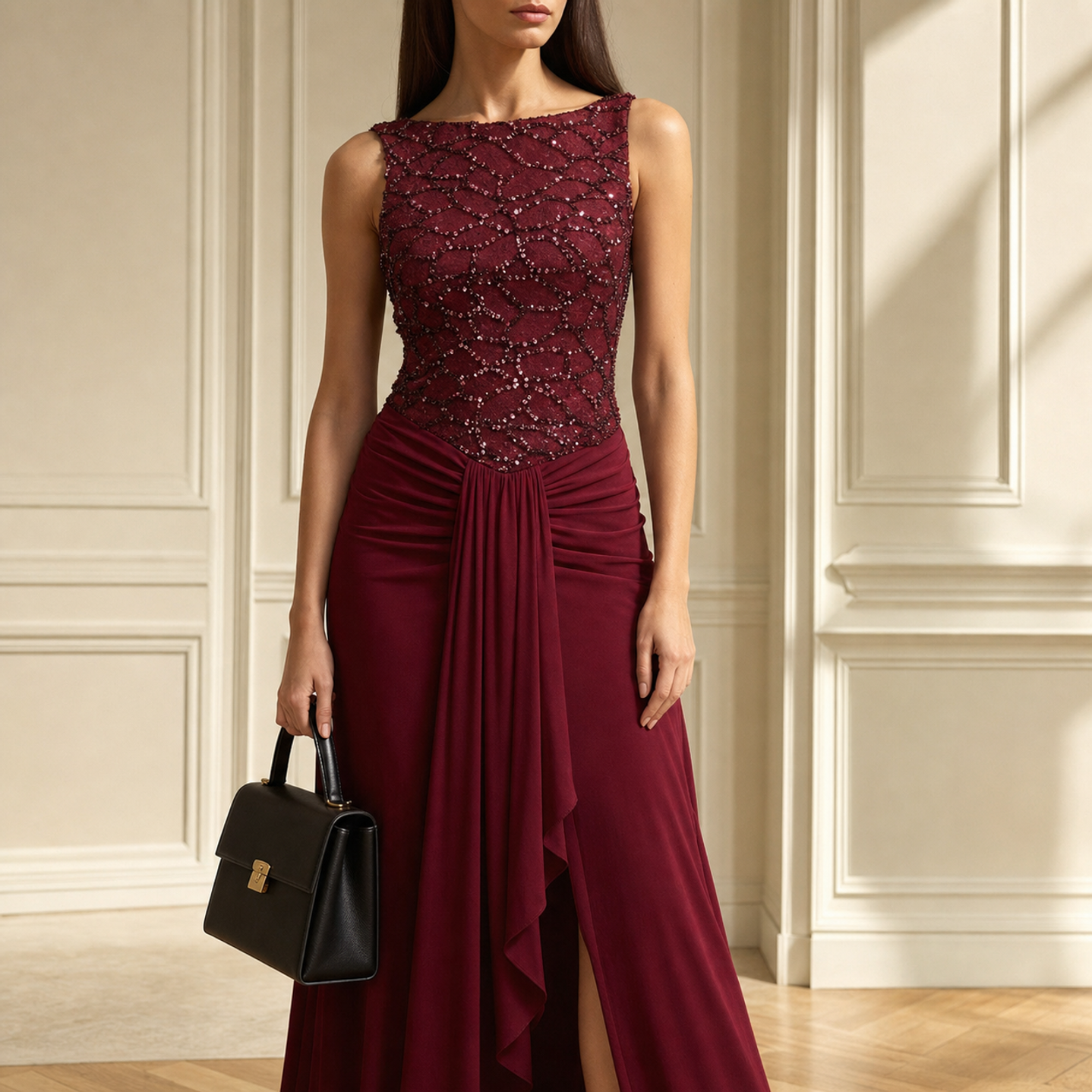 Burgundy evening gown lattice beadwork and sequin bodice detail by Lord & Taylor Heritage