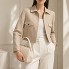 Camel utility jacket chest pocket detail with press-stud closure by Lord & Taylor Heritage