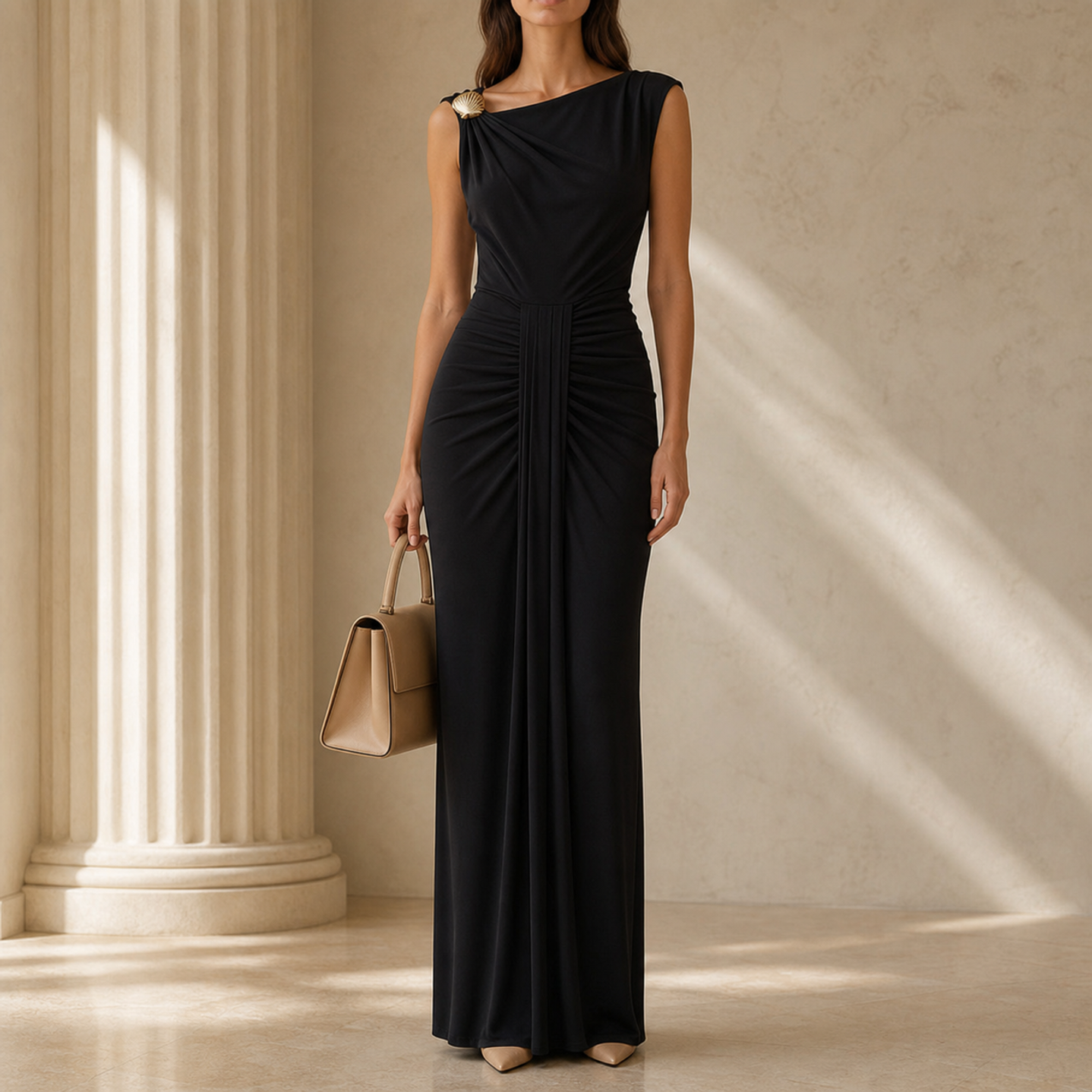 Black jersey gown front detail showing asymmetric neckline and gold-tone shell accent by Lord & Taylor Heritage