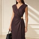 Bronze lurex gown draped V-neckline and gold-tone ring waist detail, close-up front