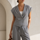Grey two-piece set front detail, close-up by Lord & Taylor Heritage