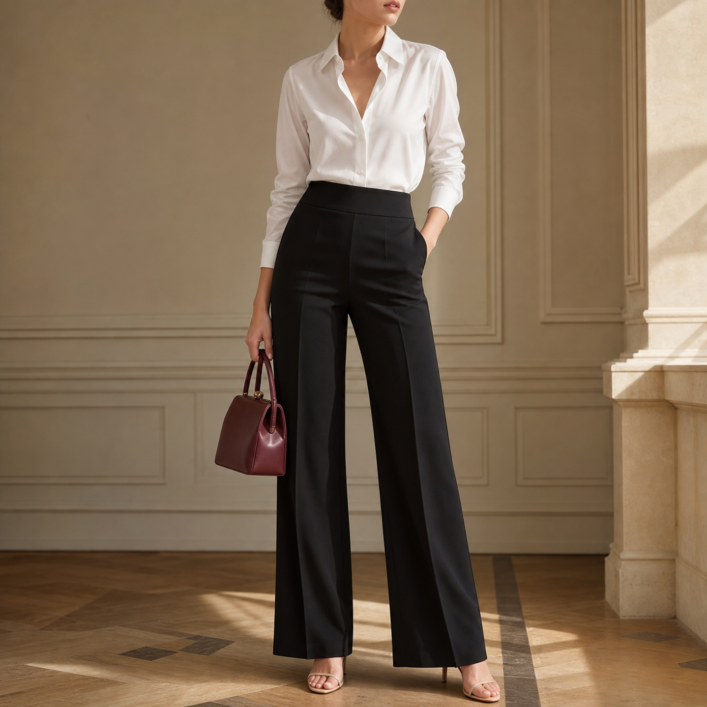 Black high-waisted wide-leg trousers with tailored waistband, front detail by Lord & Taylor Heritage