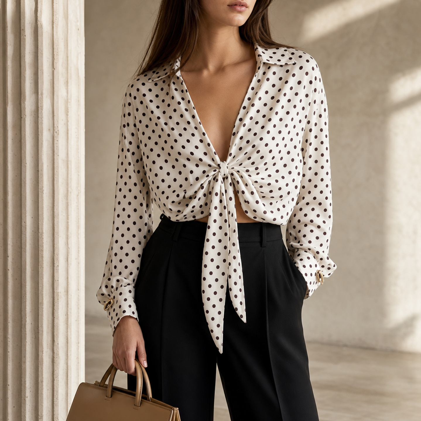 Cream polka dot shirt with burgundy-black print, close-up of tie-front detail and point collar