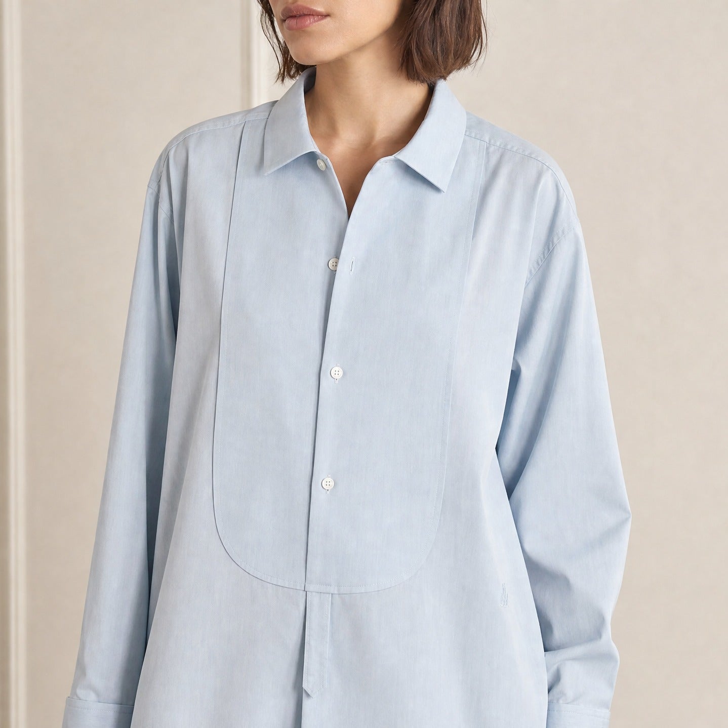 Baby blue mini shirt dress by JW Anderson, front detail with collar