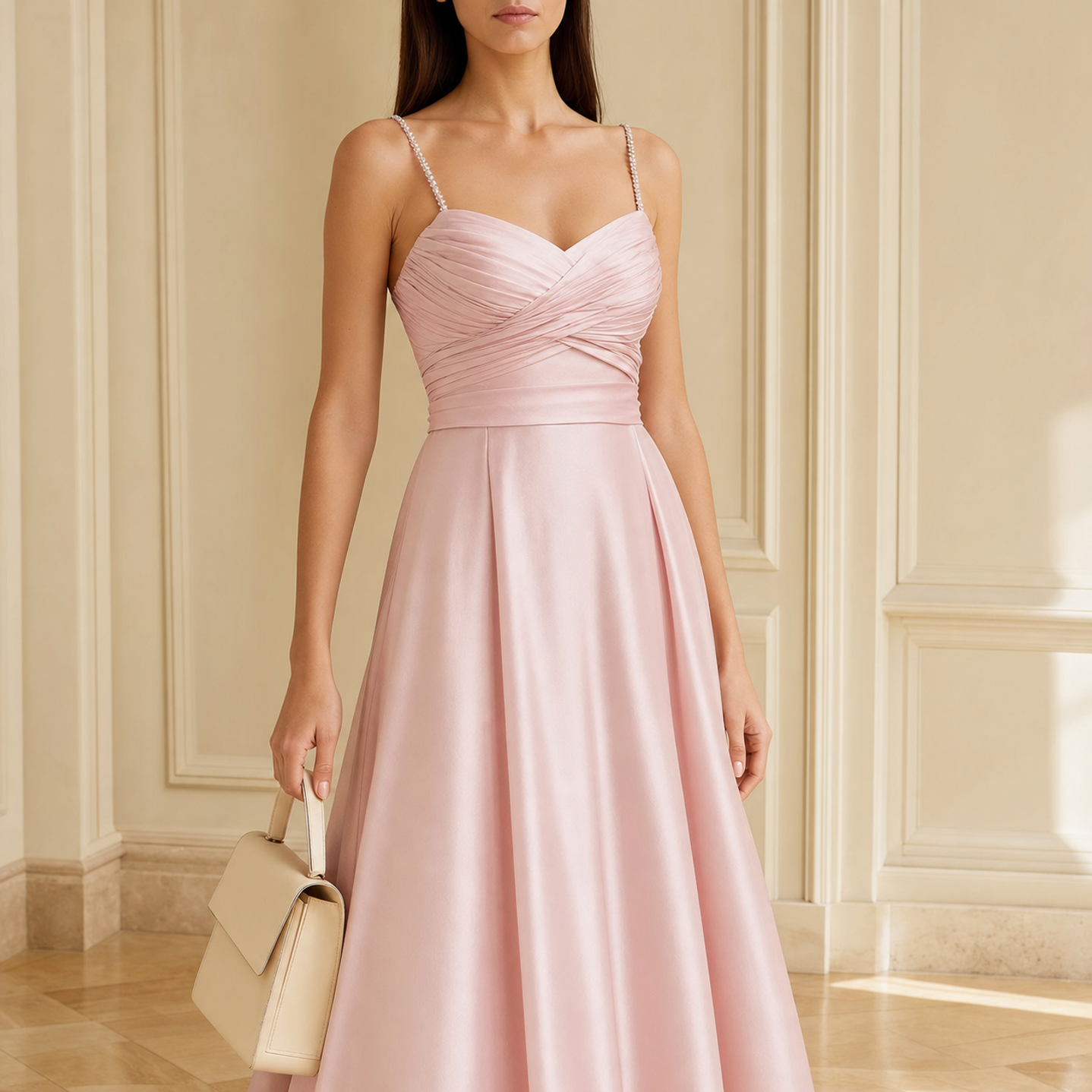 Powder pink satin gown ruched crossover bodice detail with crystal straps by Lord & Taylor Heritage