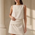 Lord & Taylor Heritage Blouson Mini Dress, Stone Crepe — front detail