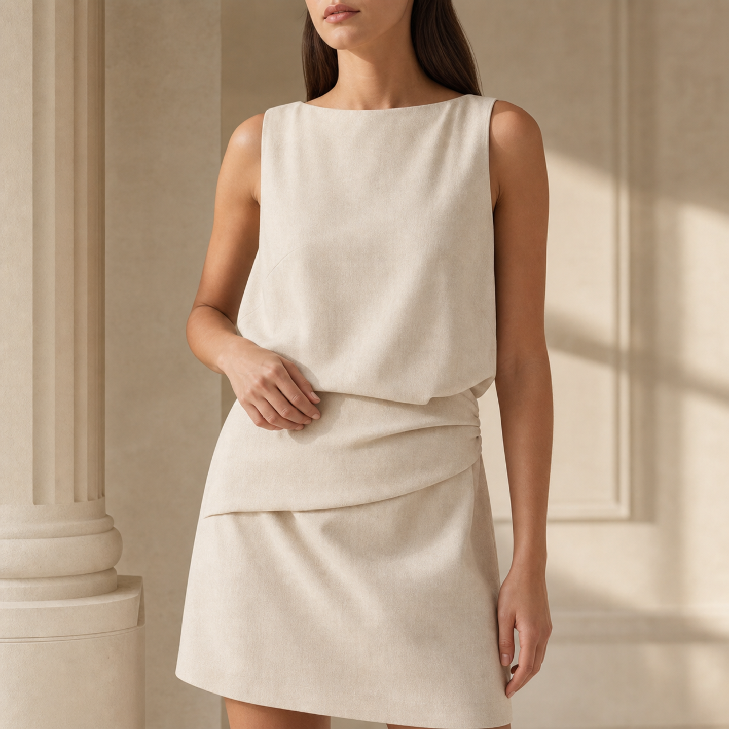 Lord & Taylor Heritage Blouson Mini Dress, Stone Crepe — front detail