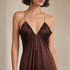 Brown Amen midi dress V-neck with gathers and chain detail, close-up front by Amen