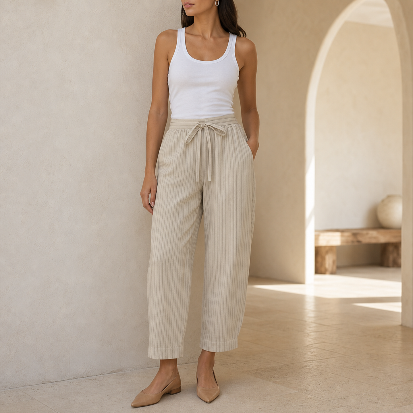 Beige pinstripe wide-leg trousers with elasticated waistband detail, front view by Lord & Taylor Heritage