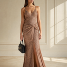 Rose gold sequin and beadwork detail on slip gown bodice, close-up front view