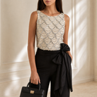 Cream sequin scallop top with boat neckline, front detail view by Lord & Taylor Heritage