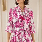 Floral print tiered maxi dress, close-up of shirt collar and bodice detail