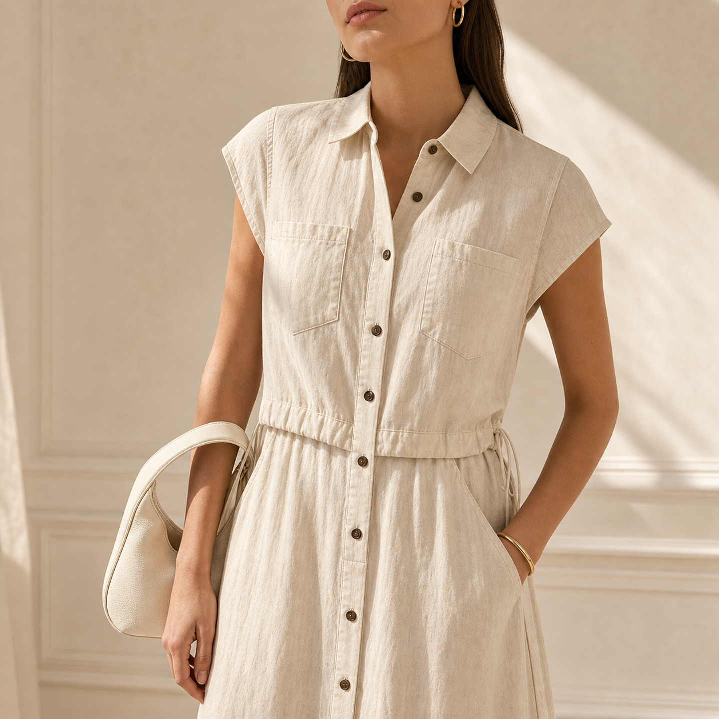 Natural linen-blend shirt dress with point collar and chest pockets, front detail by Lord & Taylor Heritage