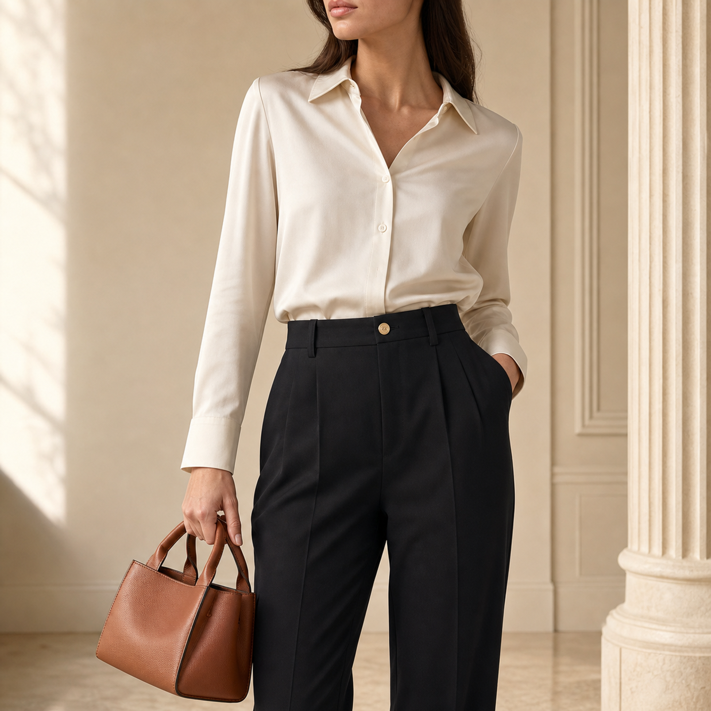 Lord & Taylor Heritage High-Waisted Trousers, Black — front detail