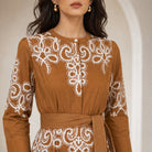 Embroidered silk dress front detail showing Medina pattern by Beyond by Vera