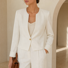 Ecru blazer by Lord & Taylor Heritage, close-up of gold button closure detail