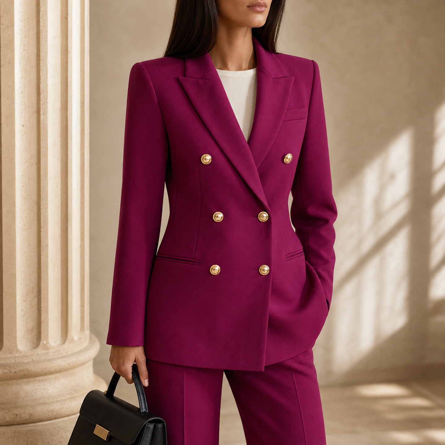 Magenta structured crepe blazer with peaked lapel and gold-tone buttons, front detail