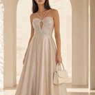 Beaded bodice detail with sequin embellishment and keyhole neckline, close-up front