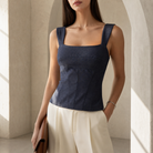 Navy peplum top front detail showing square neckline and princess seaming by Lord & Taylor Heritage