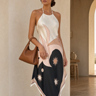 Blush satin halter dress front detail showing abstract sun and swirl scarf print by Lord & Taylor Heritage