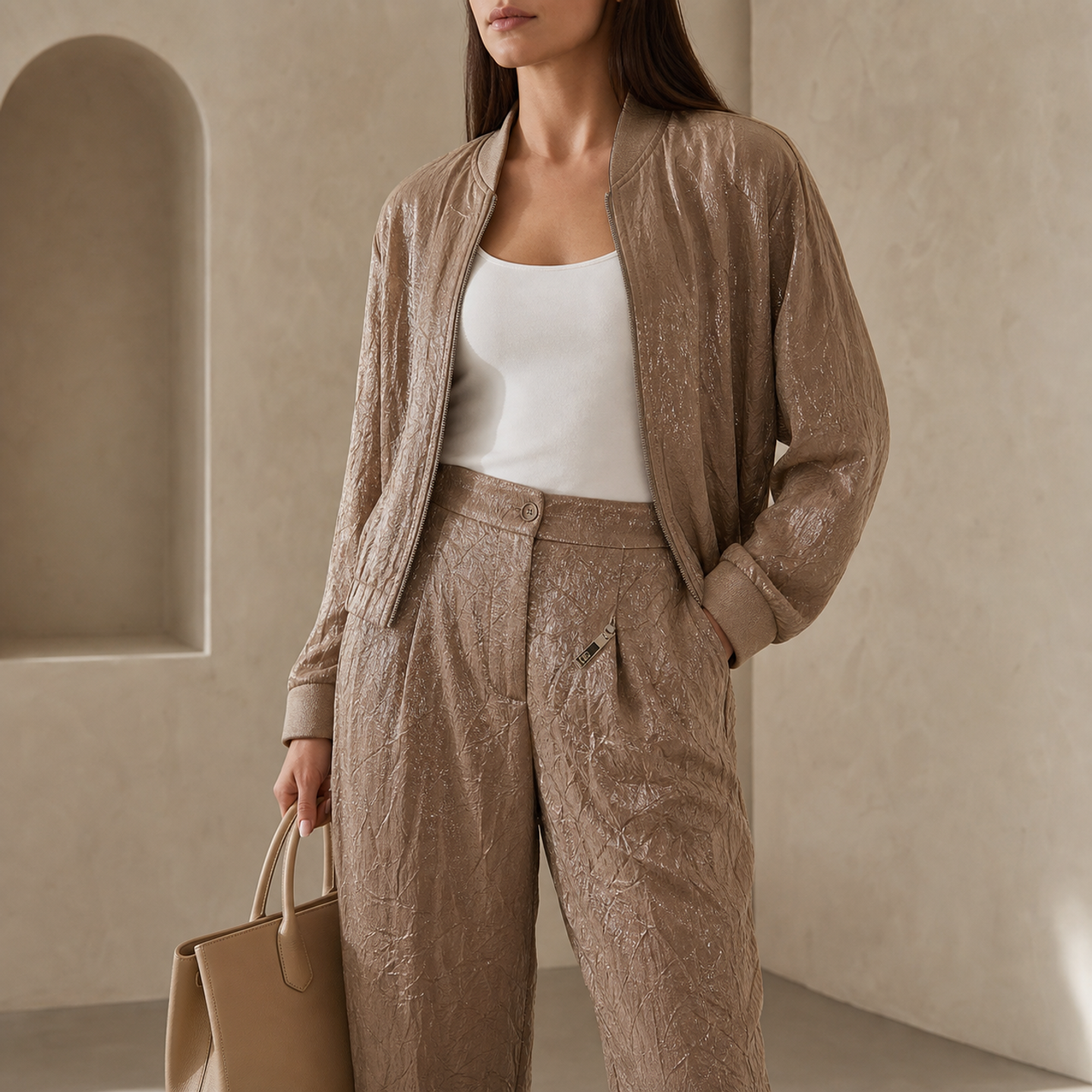 Beige metallic trousers high-rise waist detail with button and zip fastening, close-up