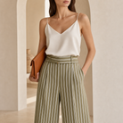 Olive striped trousers front detail showing high-rise waist and pleats by Lord & Taylor Heritage