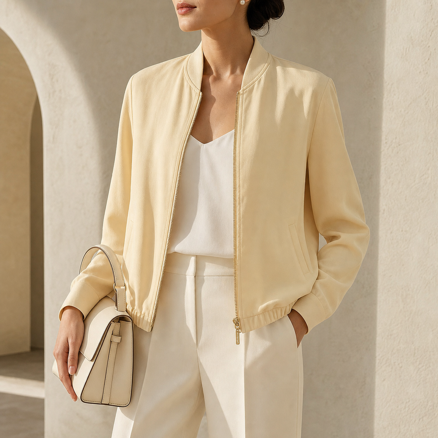 No lock on zipper Lord & Taylor Heritage Bomber Jacket, Yellow — front detail