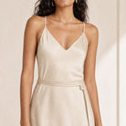 Off-white Antonelli dress V-neckline and spaghetti strap detail, close-up
