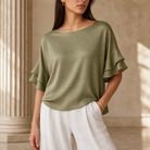 Olive green top with tiered ruffle flutter sleeves, close-up detail by Lord & Taylor Heritage